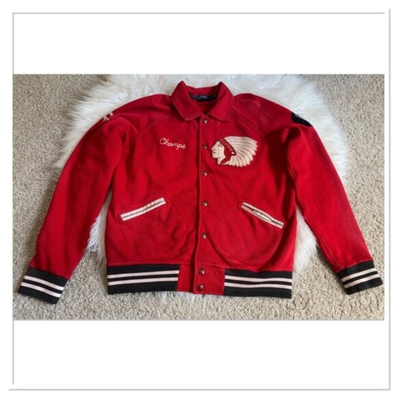 Polo Ralph Lauren Varsity Jacket Indian Chief New York Red Cream Size Large - Picture 9 of 16